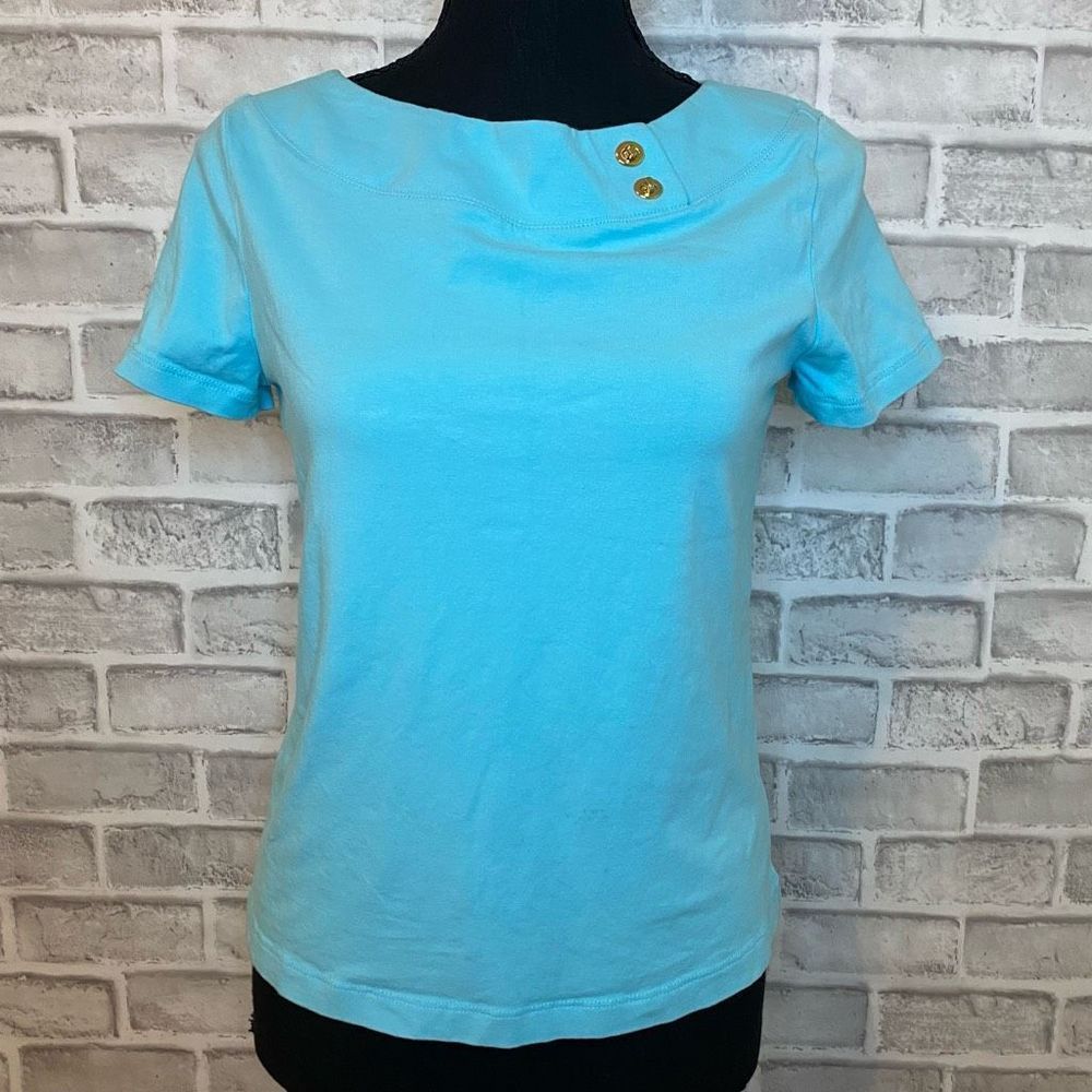 Chaps Top Blue Short Sleeve with Clasp Accents Size Small